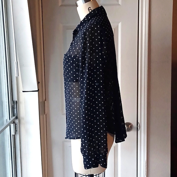 Black and White Polka Dot Sheer Chiffon Lace Back Button Down - Picture 2 of 6